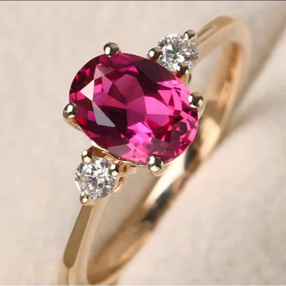 14 kt Gold Plated Pink Ruby Crystal Oval Ring with Crystal Accents